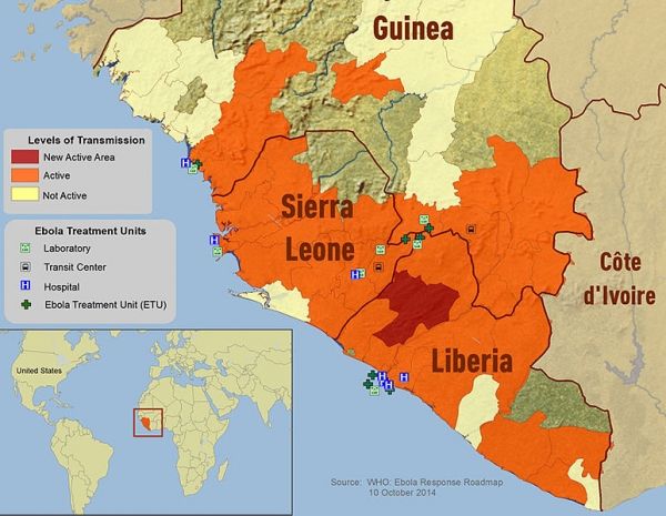 Este es un mapa de la distribución de la epidemia del virus Ebola en Guinea, Liberia y Sierra Leona, de 3 de octubre de 2014.