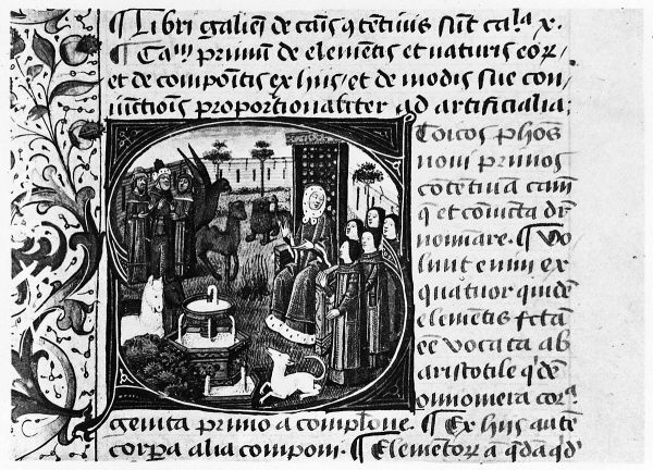Una ilustración de Galeno dando una conferencia sobre la medicina. Una versión de uno de Galeno`s books has been brought back together. 