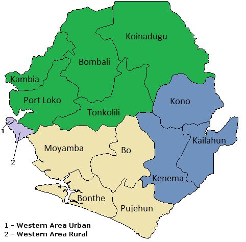 Sierra Leona`s territory divided per provinces (color-coded) showing all the districts inside (with their name)