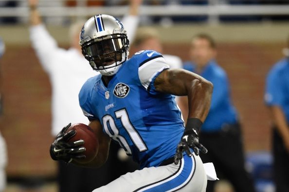 Calvin Johnson en el 08 de septiembre 2014 New York Giants vs. juego de los Leones de Detroit.