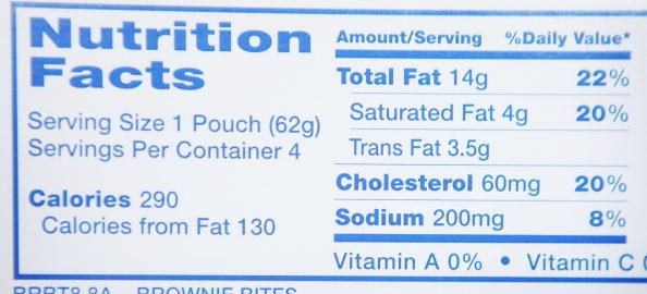 Una etiqueta de información nutricional lista la cantidad de grasas trans en un producto.