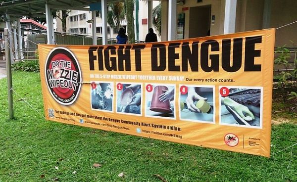 Bandera Educación colgó en barrios residenciales para enseñar a los residentes cómo prevenir el dengue en Singapur. Diciembre 2013.
